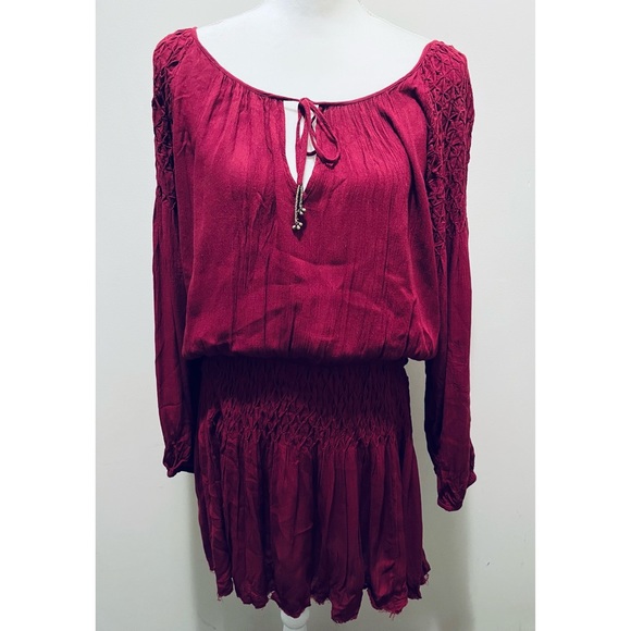 Free People Dresses & Skirts - Free People Maroon Smocked Raw Hem Mini Dress Medium